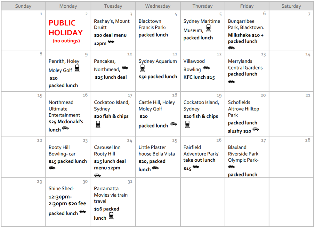 A public holiday schedule is shown on an NDIS calendar.