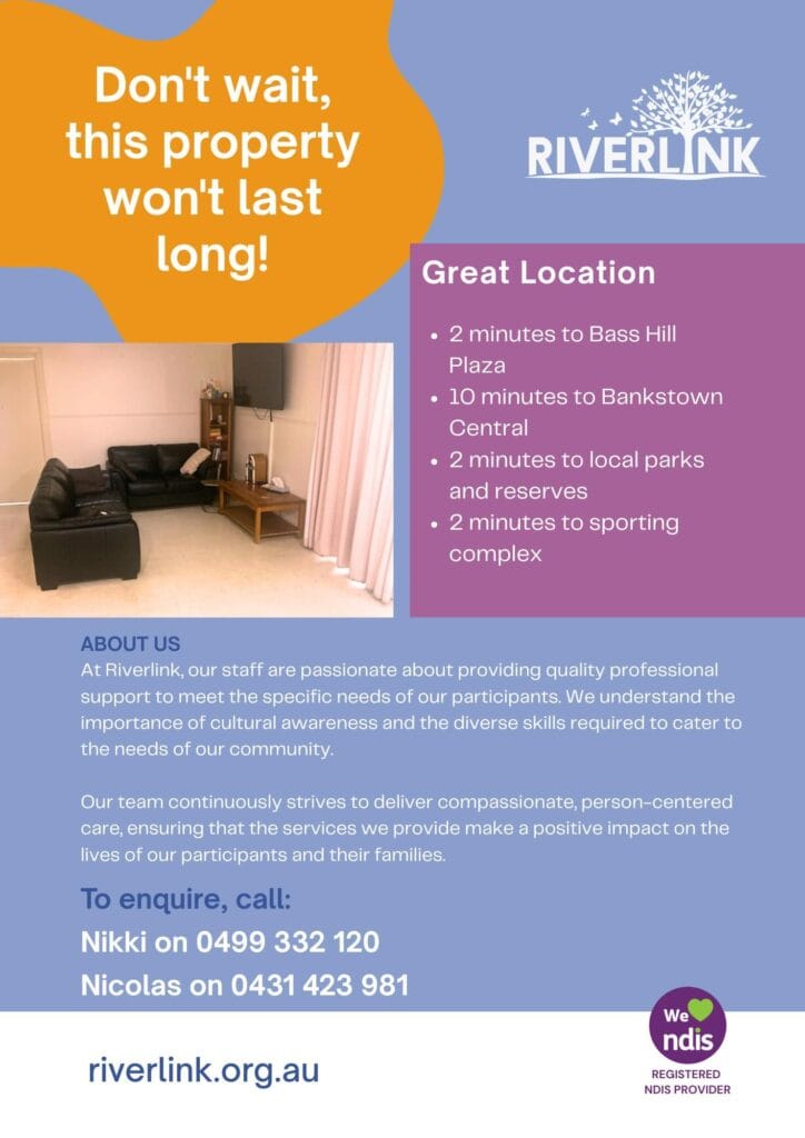 An advertisement for Riverlink housing features a living room, property benefits, contact details, and NDIS registration information on a colorful background.